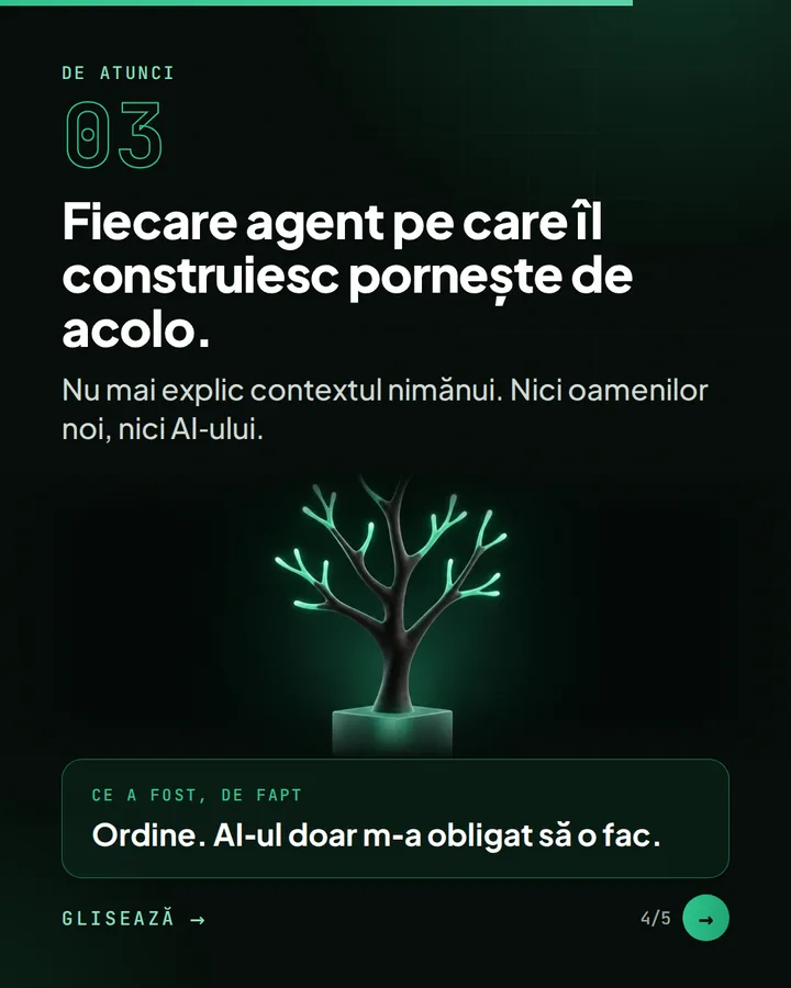 De atunci 03 — Fiecare agent pe care îl construiesc pornește de acolo. — Nu mai explic contextul nimănui. Nici oamenilor noi, nici AI-ului. — Ce a fost, de fapt: Ordine. AI-ul doar m-a obligat să o fac.