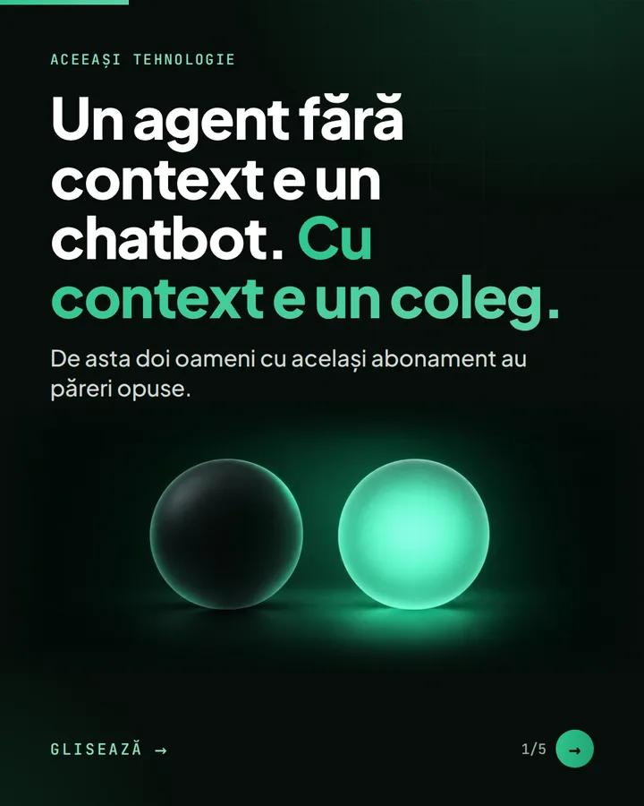 Aceeași tehnologie — Un agent fără context e un chatbot. Cu context e un coleg. — De asta doi oameni cu același abonament au păreri opuse.