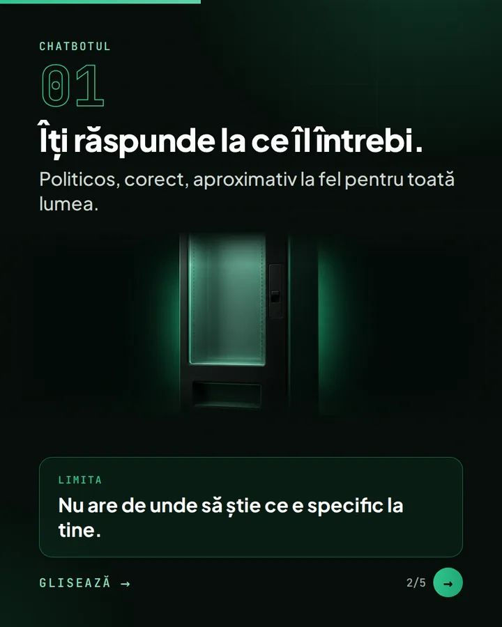 Chatbotul 01 — Îți răspunde la ce îl întrebi. — Politicos, corect, aproximativ la fel pentru toată lumea. — Limita: Nu are de unde să știe ce e specific la tine.