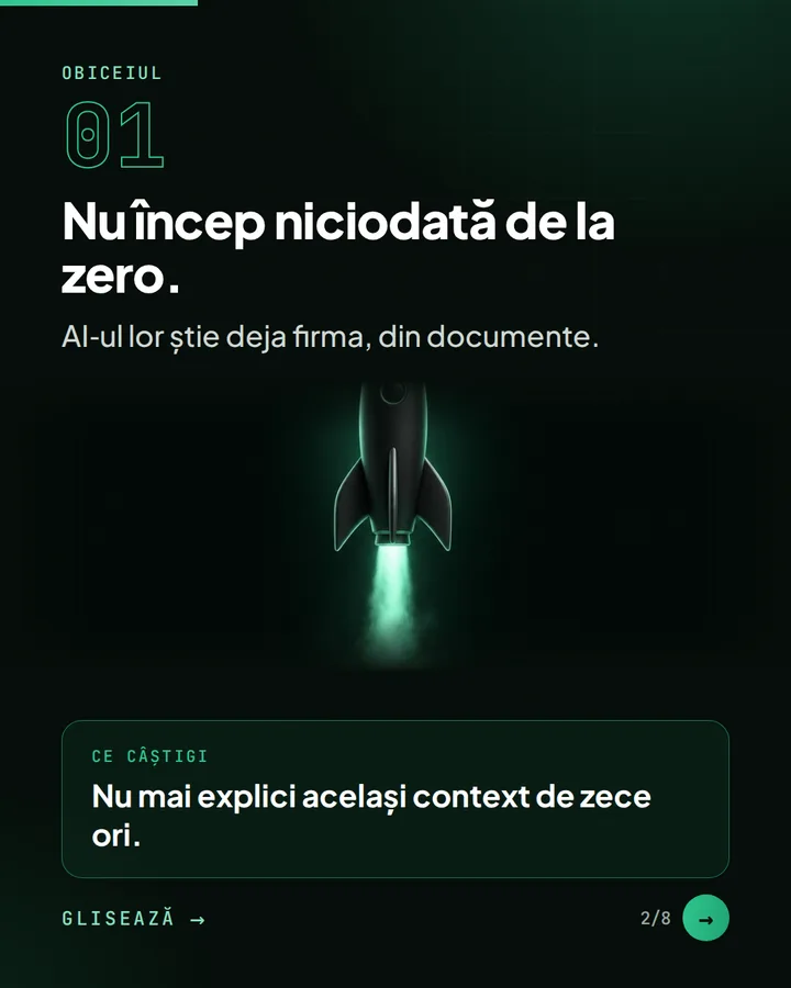 Obiceiul 01 — Nu încep niciodată de la zero. — AI-ul lor știe deja firma, din documente. — Ce câștigi: Nu mai explici același context de zece ori.